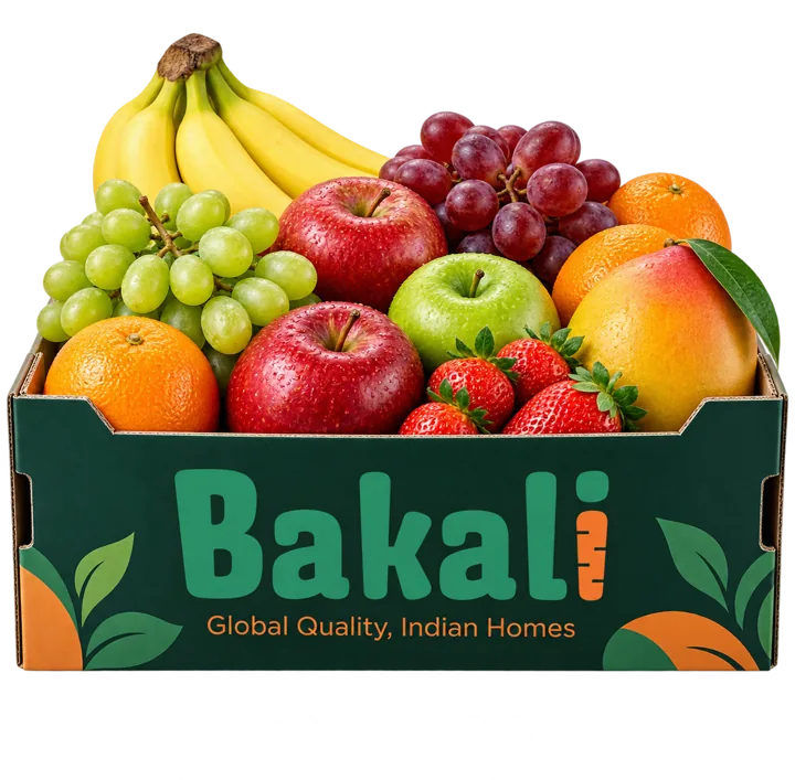 Bakali fruit box with apples, grapes, bananas, oranges, strawberries and mango