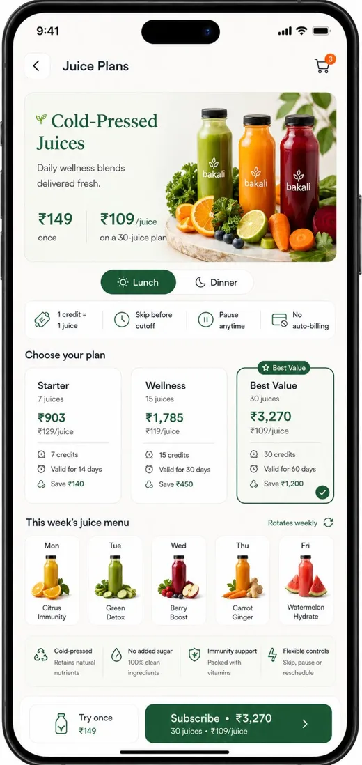 Bakali app: juice plans